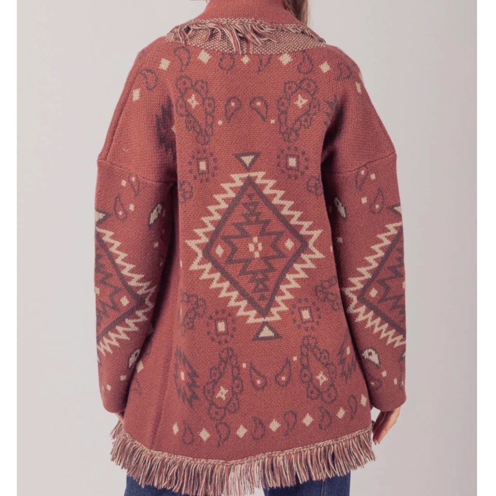 New In Southwestern Fringe Cardigan Rust Orange Aztec Paisley Boho Sweater M xx